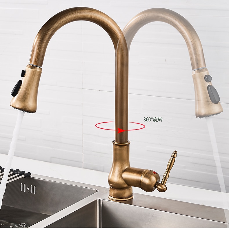 Kitchen Faucet with SprayerAntique Brass Pull-out 3-Function Outlet Mode Single Handle One Hole Sink Kitchen Taps with Soap Dispenser or Drain 2025 - CAD $175.99 –P3