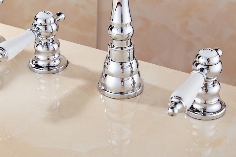 Bathtub Faucet - Contemporary Chrome Roman Tub Ceramic Valve Bath Shower Mixer Taps / Three Handles Two Holes 2025 - CAD $191.99 –P6