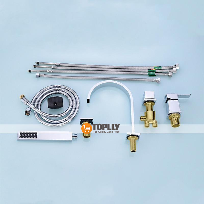Bathtub Faucet Deck Mounted Widespread Bathroom Faucet Bath Roman Tub Filler Mixer Tap Brass 4 Hole 2 Handle Shower Sprayer with Cold Hot Water Hose 2025 - CAD $231.99 –P5