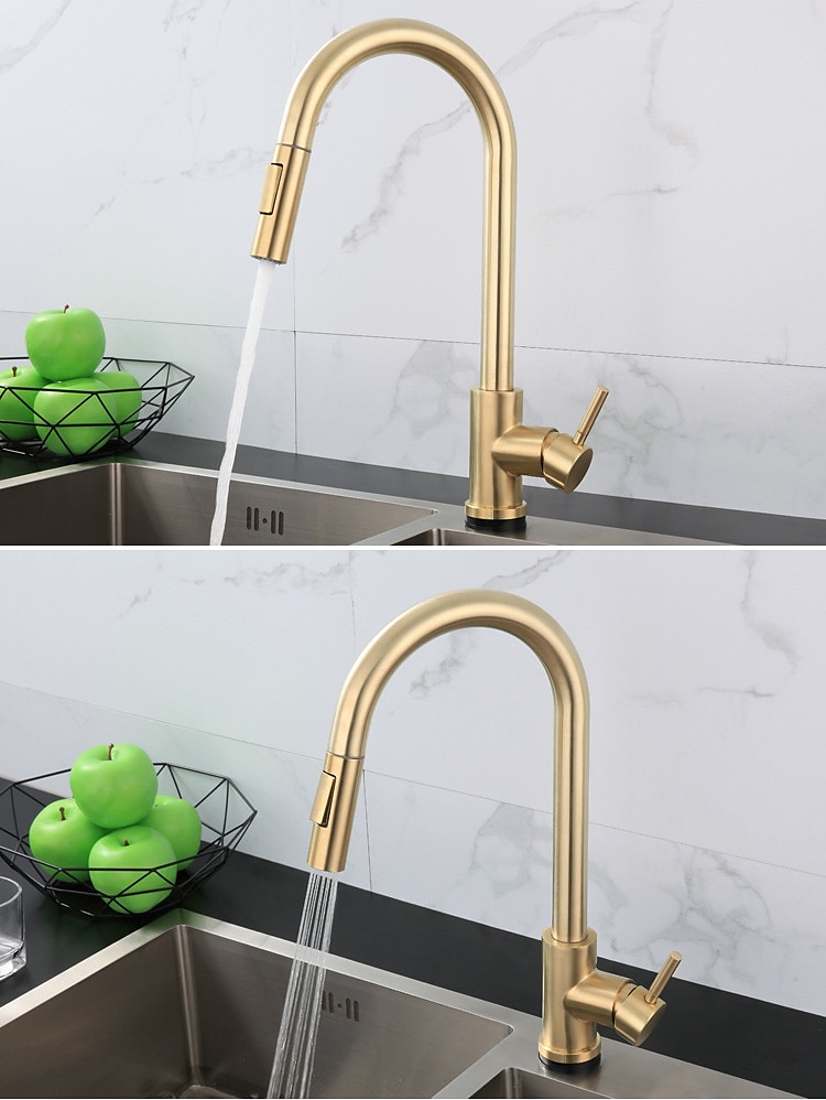 Kitchen Sink Mixer Faucet Stainless Steel with Pull Out Sprayer 360° Rotatable Multi-function Pull Down Single Handle Kitchen Vessel Tap Brushed Gold Finish 2025 - CAD $127.99 –P3