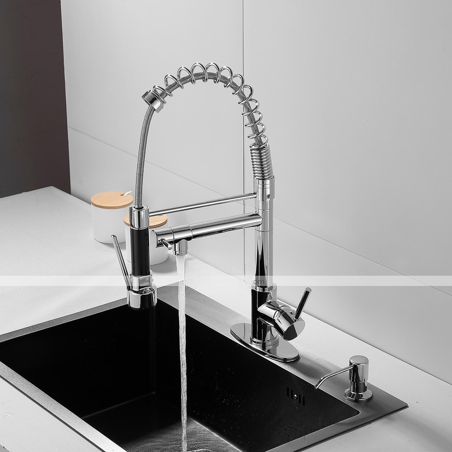 Kitchen Faucet with Pullout Spray and Soap Dispenser Sets Single Handle Two Holes Pull Out/Rotatable/Multifunction Standard Spout Brass Tall-High Arc Deck Mounted Kitchen Faucet 2025 - CAD $159.99 –P19
