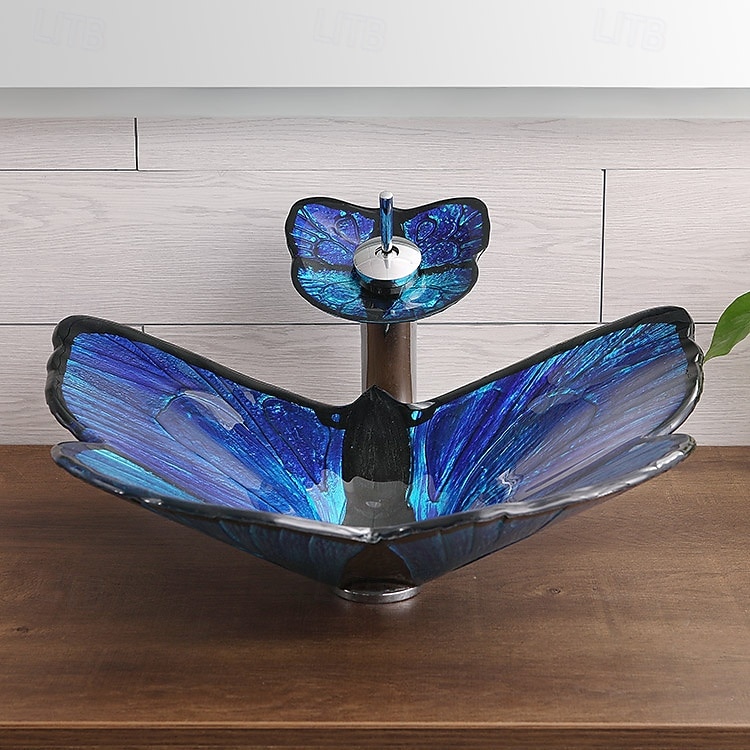 Bathroom Vessel Sink Butterfly Shape Artistic Tempered Glass Vessel Sink Vessel Bowl Sink Countertop Vanity Vessel Sink with Waterfall Faucet and Pop Up Drain Combo 2025 - CAD $558.99 –P1