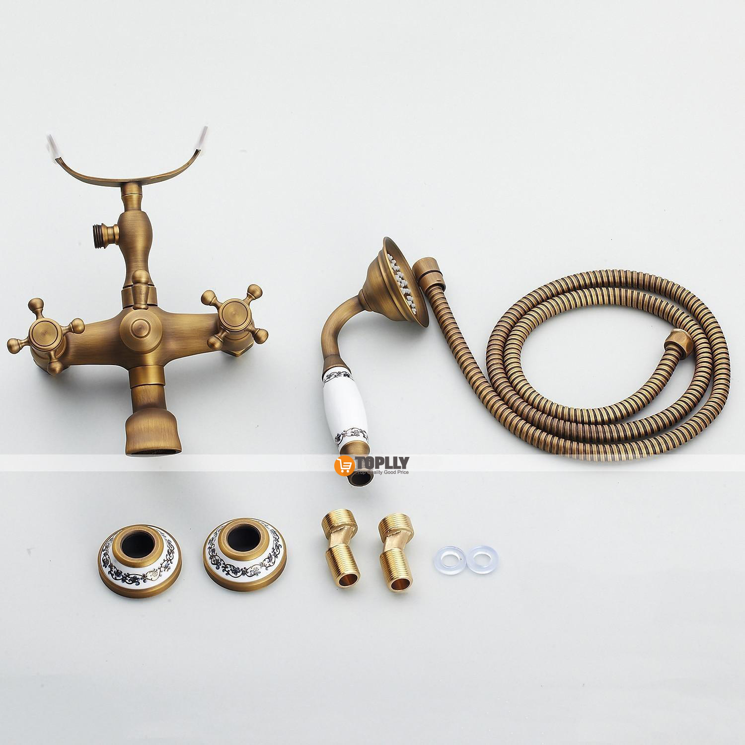 Bathroom Sink FaucetBrass Telephone Shape Wall Installation Widespread Pull-out Country Style Electroplated Copper Finish Two Handles Bathtub Faucet with Handshower and Drain 2025 - CAD $199.99 –P2