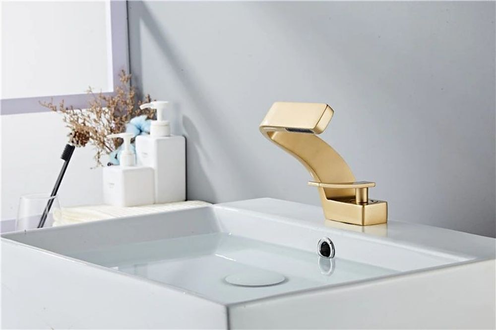 Bathroom Sink Faucet Single Handle One Hole Waterfall Mixer Basin Taps Brass, 7-shaped Bend Vessel Tap Chrome Brushed Nickel Black Gold 2025 - CAD $151.99 –P7