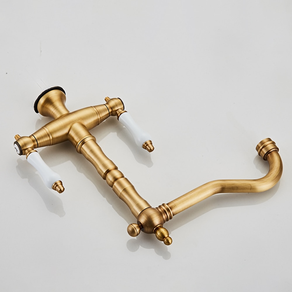 Twin Lever Traditional Kitchen Sink Mixer Taps, Dual Lever Cold and Hot Faucet Deck Mounted, 360° Swivel Spout Sink Tap with 2 Ceramic Handles, Antique Brass Classic Double Handle for Kitchen Bathroom 2025 - CAD $111.99 –P15