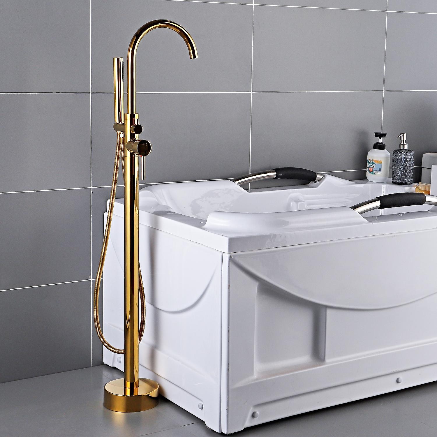 Bathtub Faucet Floor Mount Freestanding Bath Tub Filler Mixer Taps Brass 360 Swivel High Arc Spout Standing Shower Clawfoot Tub with Handheld Shower Mixer Taps 2025 - CAD $295.99 –P14