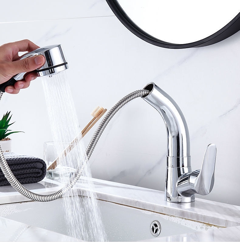 Matte Black Bathroom Basin Faucet Pull Out Spout Rotatable Liftable Body Deck Mounted Hot and Cold Water Mixer Tap 2025 - CAD $87.99 –P6