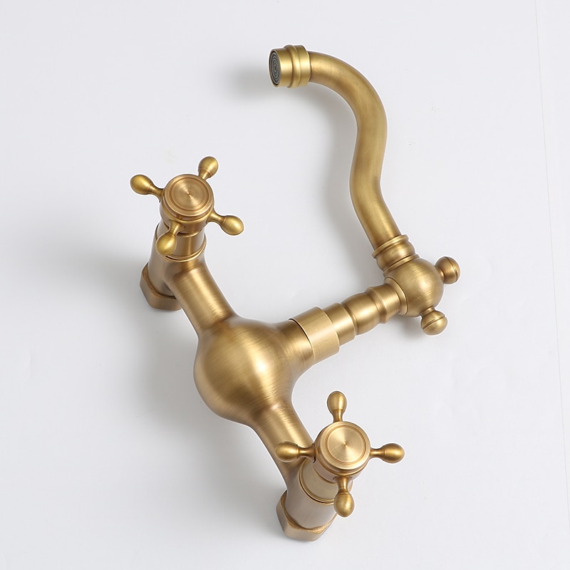 Traditional Kitchen Sink Mixer Taps Wall Mounted Brass Vintage Retro Kitchen Faucet Twin Lever Standard Spout Vessel Tap 2025 - CAD $87.99 –P5