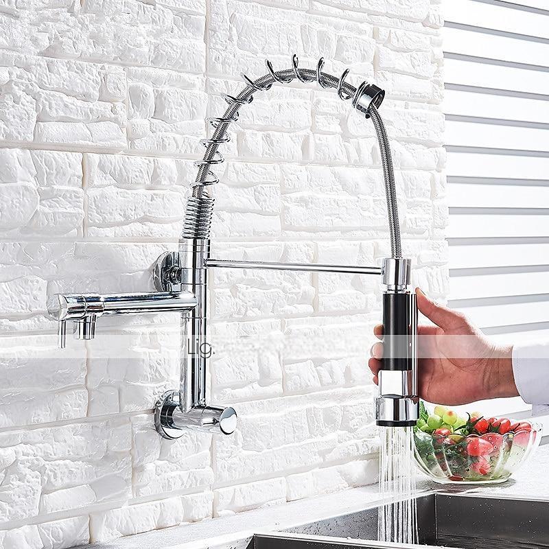 Kitchen Faucet Sink Pull Out Only Cold Water 360 Swivel Spout Wall Mounted Brass Pull Down Kitchen Vessel Taps Chrome 2025 - CAD $175.99 –P2