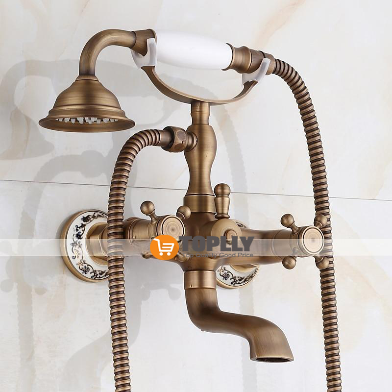 Bathtub Filler Cold/Hot Water Mixer Clawfoot Antique Copper Finish Wall Mount Tub Filler with Hand Held Shower Faucet 2 Cross Handles with Tub Spout Vintage Style 2025 - CAD $143.99 –P1