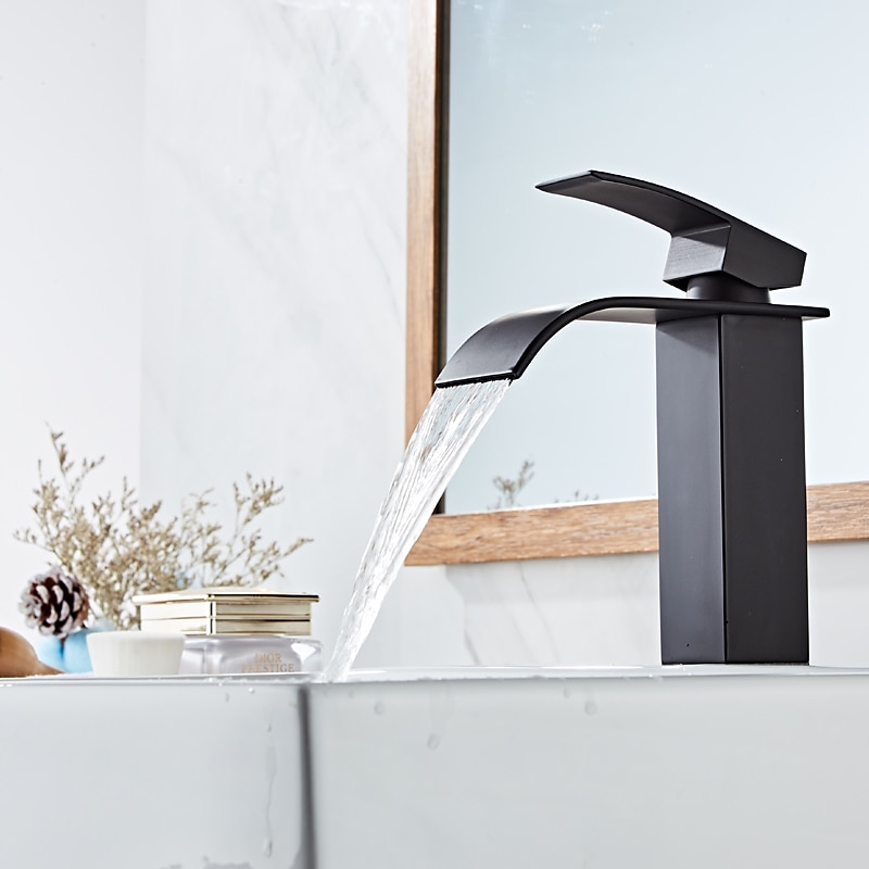 Waterfall Bathroom Sink Mixer Faucet Tall Short, Mono Wash Basin Single Handle Basin Taps, Washroom with Hot and Cold Hose Monobloc Vessel Water Brass Tap Deck Mounted Golden Black 2025 - CAD $83.18 –P6