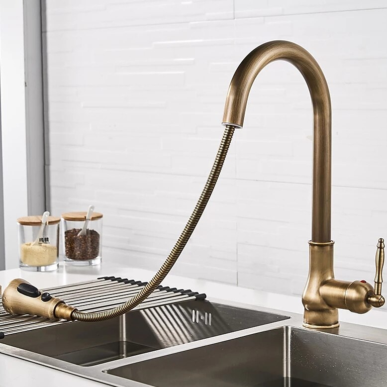 Pull Out Kitchen Faucet Sink Mixer with Sprayer Antique 360° Swivel Single Handle One Hole Pull Down Kitchen Vessel Tap Deck Mounted with Hot and Cold Water Hose 2025 - CAD $167.99 –P10