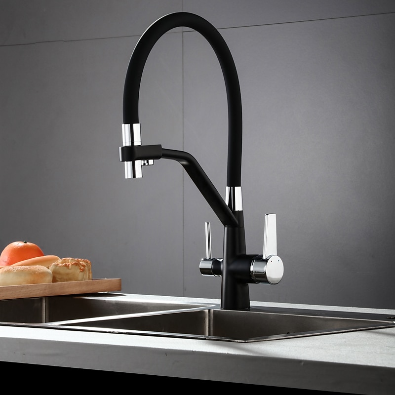 Kitchen Faucet Pull Down Spray Head Purified Water Dual Spout Taps Sink Mixer Deck Mounted  360 Rotating Twin Handle High Arc Flexible Tube Vessel Brass Tap 2025 - CAD $159.99 –P6