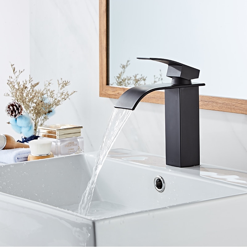 Waterfall Bathroom Sink Mixer Faucet Tall Short, Mono Wash Basin Single Handle Basin Taps, Washroom with Hot and Cold Hose Monobloc Vessel Water Brass Tap Deck Mounted Golden Black 2025 - CAD $83.18 –P7