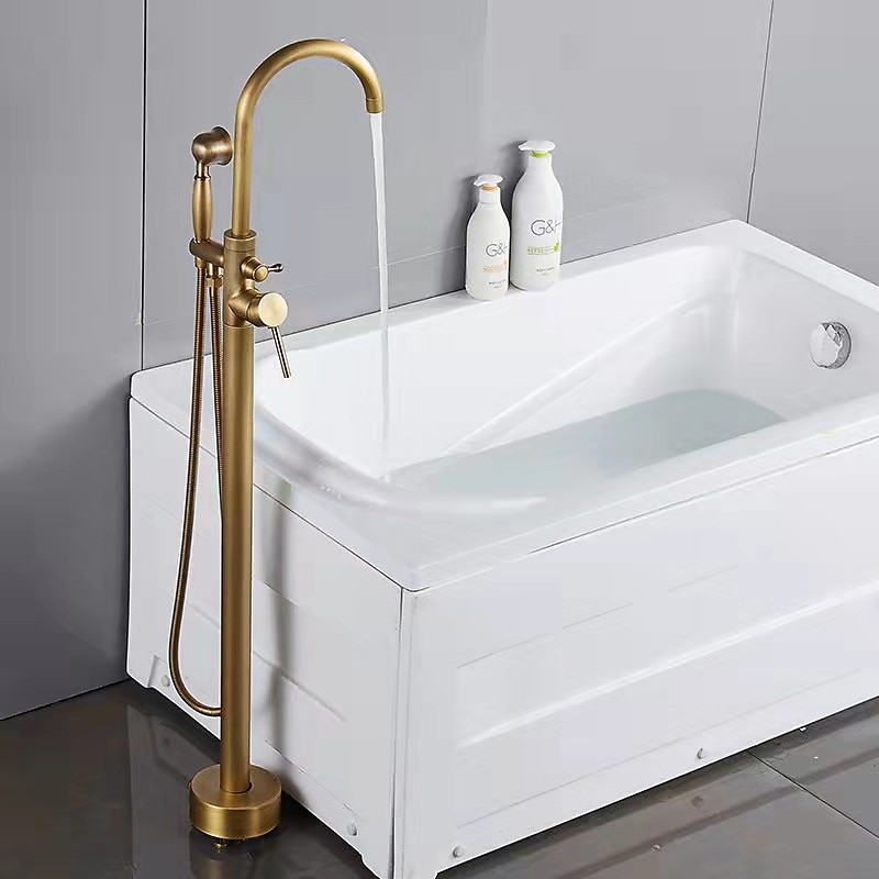 Vintage Bathtub Faucet Floor Mount Bath Tub Filler Mixer Tap Freestanding with Heldhand Showerhand 360 Swivel High Arc Spout Standing Shower Faucet 2025 - CAD $318.99 –P1