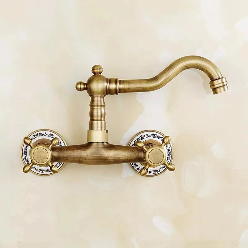 Vintage Brass Bathtub Faucet Wall Mounted Dual Handle Bath Tub Taps Bathroom Mixer Tap with Cold and Hot Hose 2025 - CAD $71.99 –P7