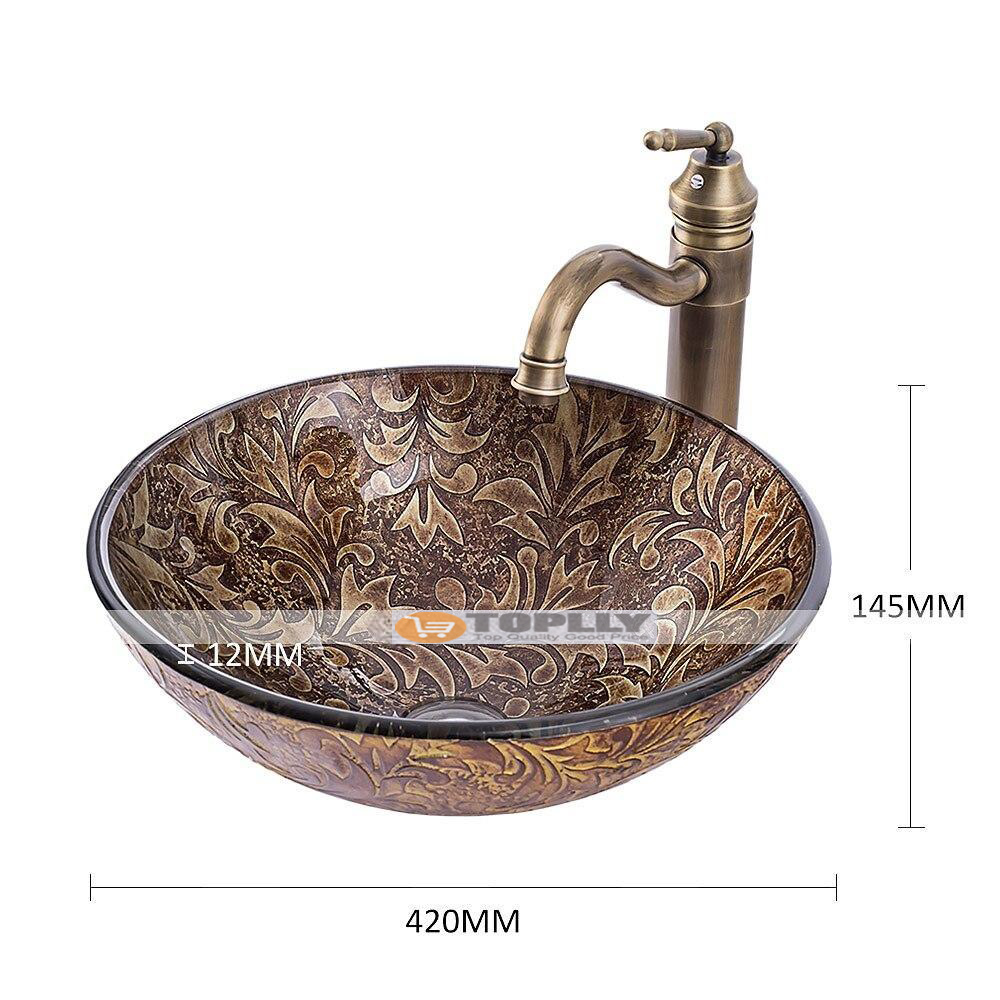 Vintage Bathroom Vessel Sink Set Round 16.5"x5.7" Sink Mixer Faucet and Drain Combo with Pop-up Drain Boat Shape Tempered Glass Artistic Vessel Vanity Sink Bowl Above Counter Sink Art Wash Basin 2025 - CAD $287.99 –P1