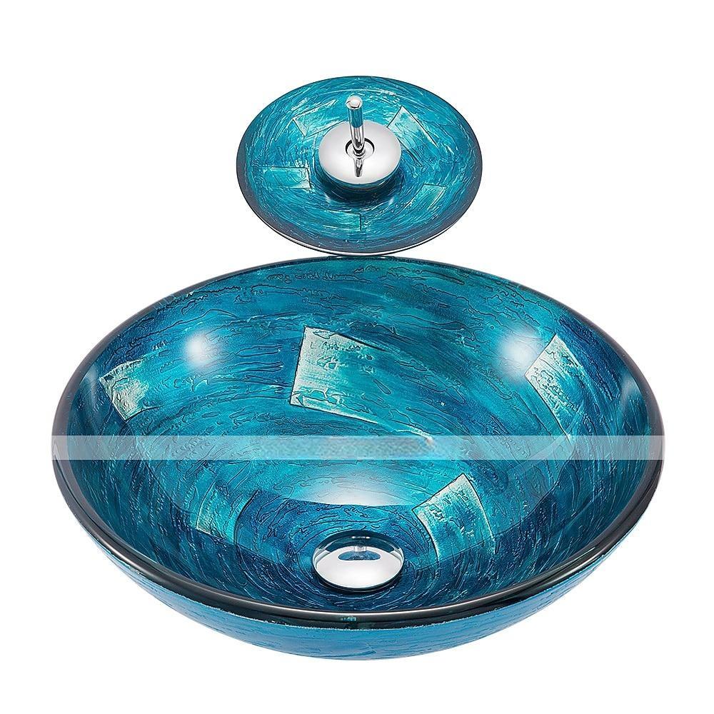 Minimalist Mediterranean Wind Round Basin Tempered Glass Wash Basin With Waterfall Faucet Basin Support Drainer 2025 - CAD $311.99 –P5