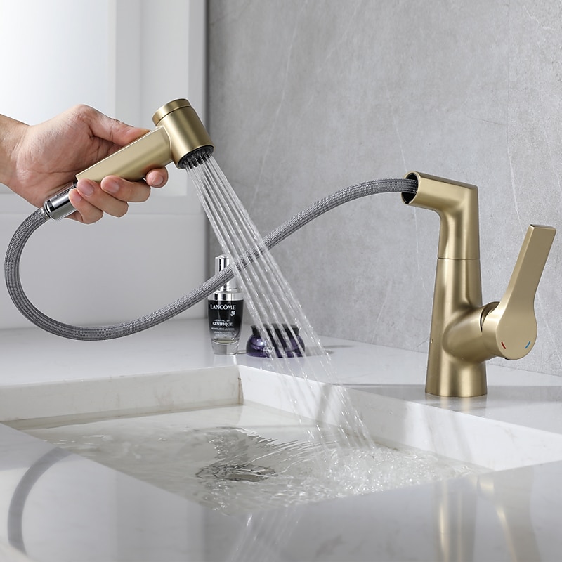 Bathroom Sink Faucet with Pull Out Spray,Brass Liftable 3-modes Electroplated / Painted Finishes Centerset Single Handle One Hole Lavatory Rotating Spout for Cold and Hot Water Bath Taps 2025 - CAD $159.99 –P2