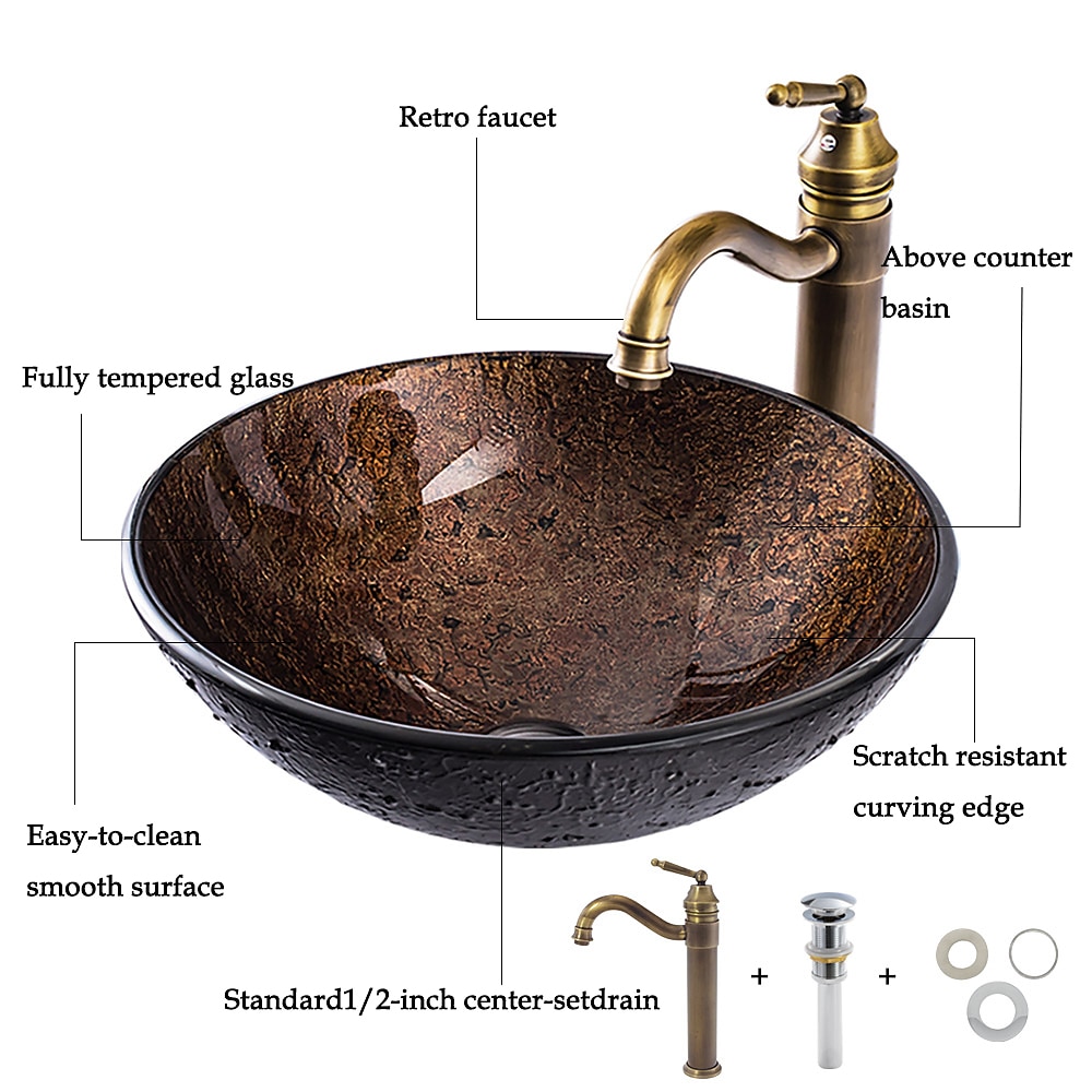 16.5 inch Bathroom Vessel Sink with Faucet Vintage Brass Antique Tempered Glass Basin with Pop-Up Drain Countertop Artistic Round Basin Bowl Set Above Counter Vanity Sink 2025 - CAD $398.99 –P2