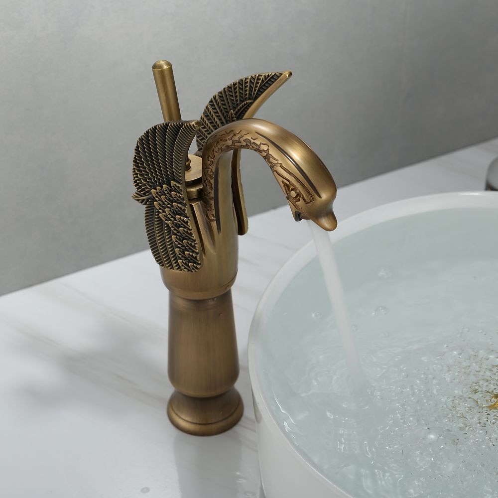 Antique Bathroom Sink Mixer Faucet, Washroom Basin Taps Brass Swan Shape Copper Electroplated Finish Vintage Style Single Handle One Hole Water Taps with Cold Hot Hose 2025 - CAD $95.99 –P12