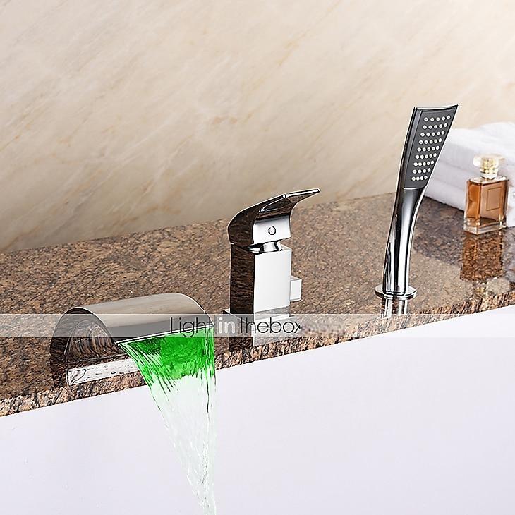 Bathtub Faucet Waterfall Spout LED 3 Color Water Flow with Heldhand Shower Widespread Bath Roman Tub Filler Mixer Tap Bathroom 3 Hole Deck Mounted 2025 - CAD $143.99 –P1