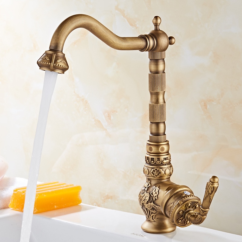 Traditional Kitchen Sink Mixer Faucet Antique Brass Single Handle Taps Standard Spout Deck Mounted Retro Vintage Style Kitchen Tap with Cold and Hot Hose 2025 - CAD $143.99 –P8