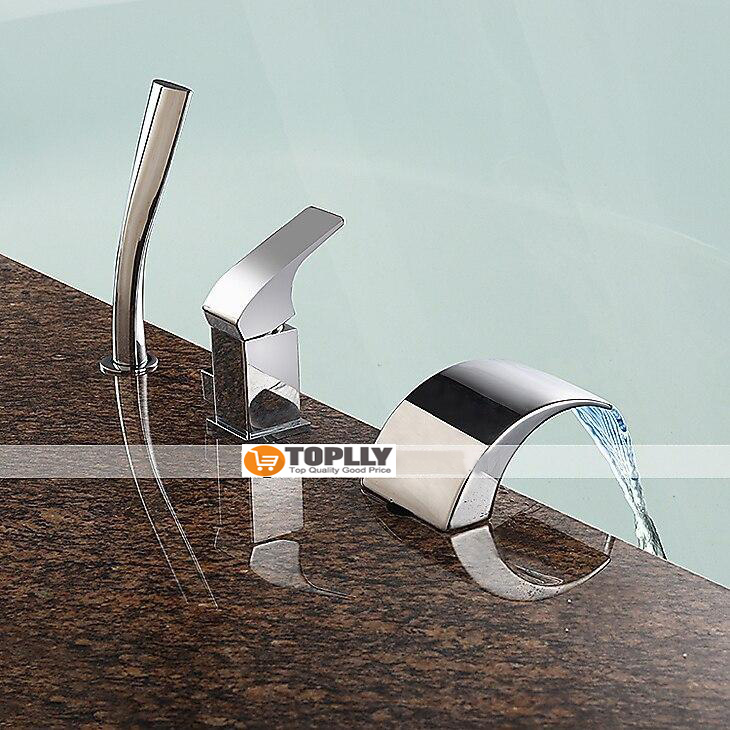 Bathtub Faucet Waterfall Spout LED 3 Color Water Flow with Heldhand Shower Widespread Bath Roman Tub Filler Mixer Tap Bathroom 3 Hole Deck Mounted 2025 - CAD $143.99 –P2