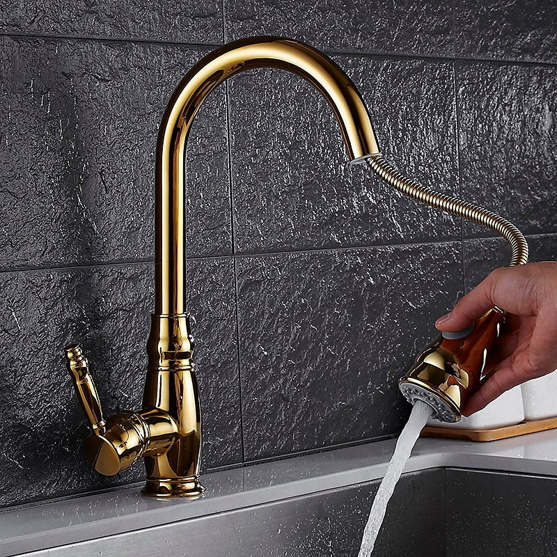 Kitchen Faucet Contemporary Retro Style Ti-PVD Pull-out/Pull-down Vessel/Brass/Single Handle One Hole 2025 - CAD $191.99 –P5