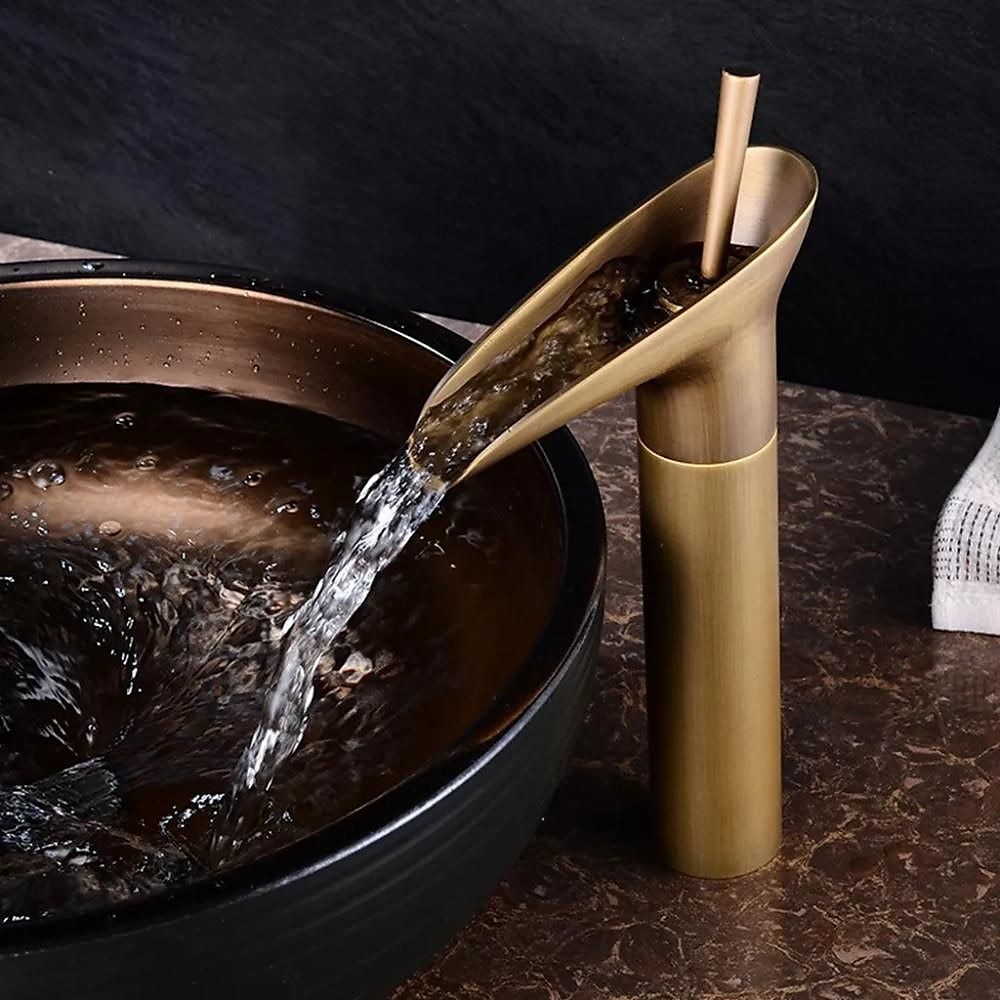 Bathroom Sink Mixer Faucet Waterfall Traditional Antique Brass, Retro Style Washroom Basin Taps Single Handle One Hole Deck Mounted, Monobloc Bathroom Faucet with Hot and Cold Hose 2025 - CAD $119.99 –P4