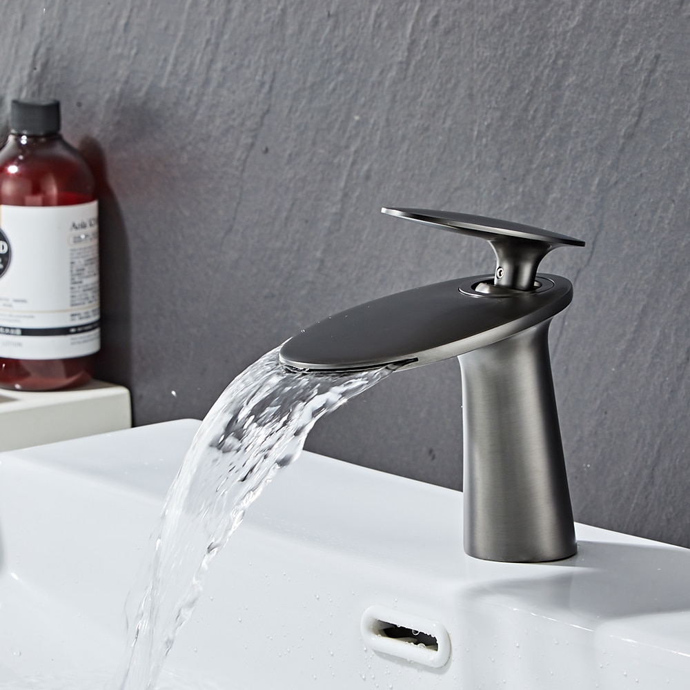Waterfall Bathroom Sink Mixer Faucet, Monobloc Washroom Basin Taps Single Handle One Hole Deck Mounted with Hot and Cold Water Hose 2025 - CAD $95.99 –P4