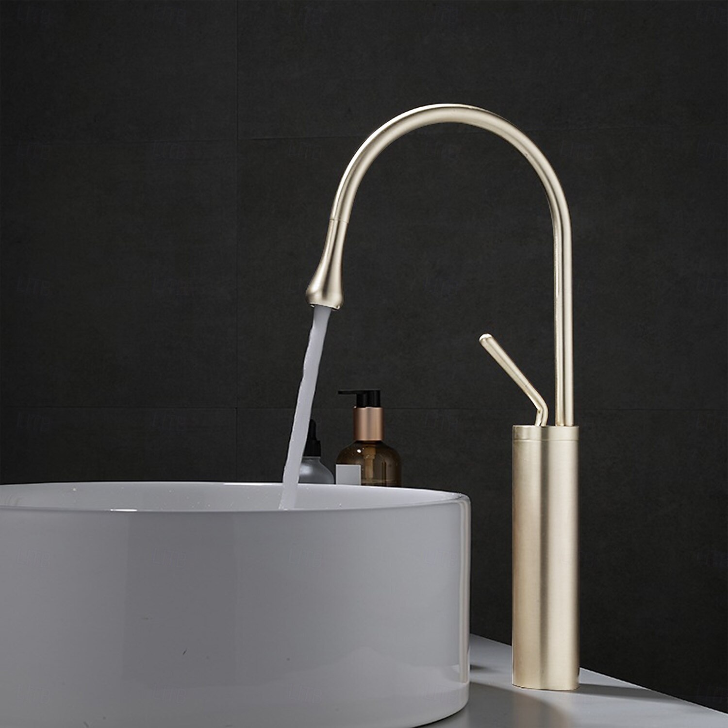 Bathroom Sink Mixer Faucet Brushed Gold Tall Deck Mounted, High Arc Vessel Tap Single Handle One Hole Standard Spout Wahsroom Basin Taps with Cold and Hot Water Hose 2025 - CAD $135.99 –P4