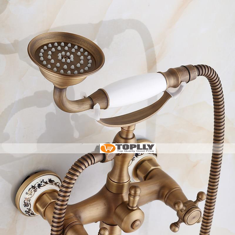 Bathtub Filler Cold/Hot Water Mixer Clawfoot Antique Copper Finish Wall Mount Tub Filler with Hand Held Shower Faucet 2 Cross Handles with Tub Spout Vintage Style 2025 - CAD $143.99 –P2