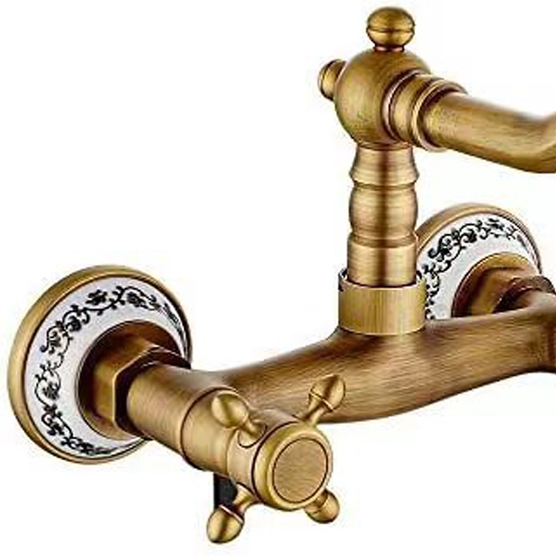 Vintage Brass Bathtub Faucet Wall Mounted Dual Handle Bath Tub Taps Bathroom Mixer Tap with Cold and Hot Hose 2025 - CAD $71.99 –P8