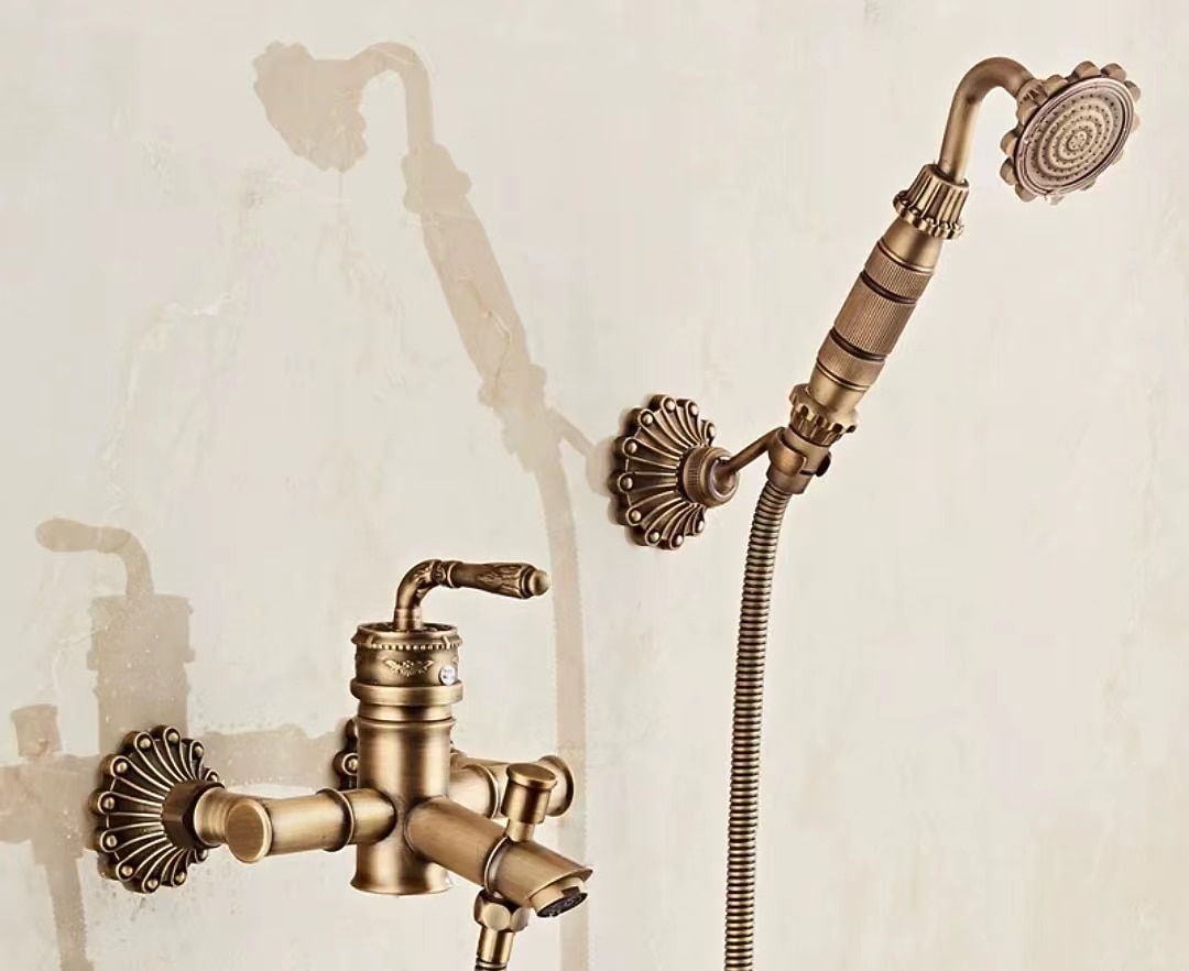 Shower Faucet Set Wall Mounted Vintage Brass Shower System Handheld Sprayer with Tub Spout Cold and Hot Hose 2025 - CAD $127.99 –P1