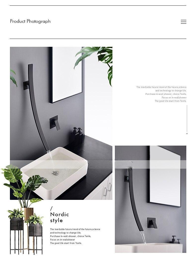 Wall Mounted Bathroom Sink Faucet,New Design Waterfall Black Single Handle Two Holes Bath Taps with Large Outlet and Flow Adjustable Switch and Hot/Cold Switch 2025 - CAD $366.99 –P12