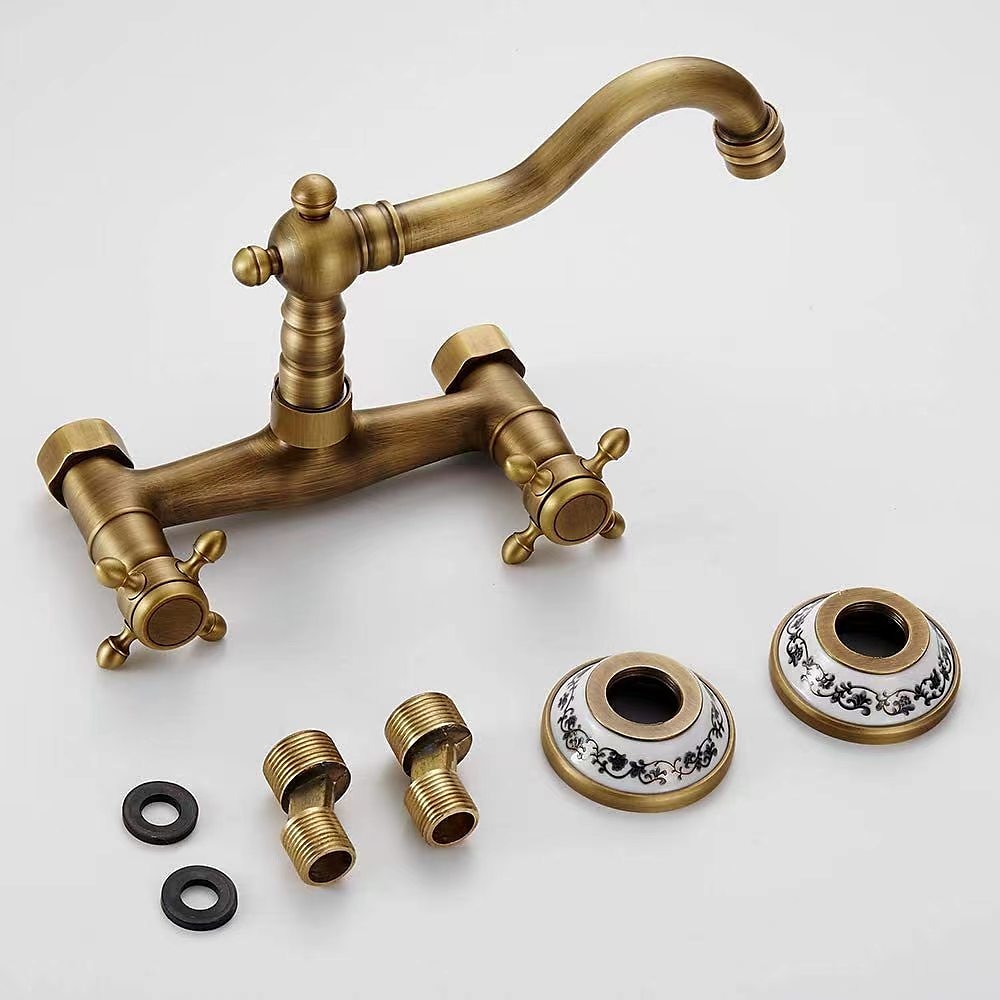 Vintage Brass Bathtub Faucet Wall Mounted Dual Handle Bath Tub Taps Bathroom Mixer Tap with Cold and Hot Hose 2025 - CAD $71.99 –P2