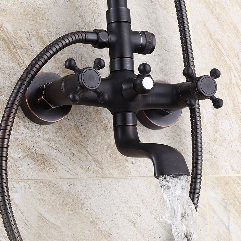 Antique Shower System Faucet Combo Set 8" Rainfall Shower Head Kit with Handshower Wall Mounted Brass Copper Black Electroplated Finish Vintage Style 2 Handles 3 Hole Bath Mixer Taps with Bodysprays 2025 - CAD $215.99 –P14
