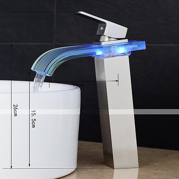 LED Bathroom Sink Mixer Faucet Waterfall Spout 3 Color Temperature, Tall Vessel Taps Single Handle One-hole Monobloc Basin Taps Washroom 2025 - CAD $127.99 –P4
