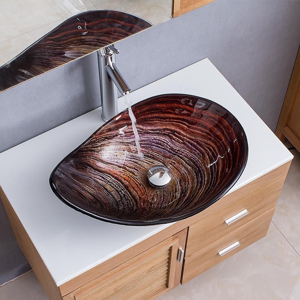 Modern simple clear light carving yuan treasure basin tempered glass wash basin with waterfall faucet basin support sink BWY19-193 2025 - CAD $446.99 –P11