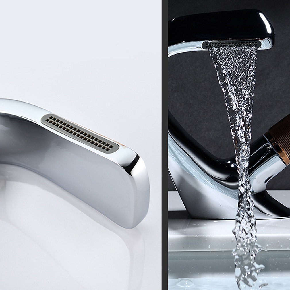 Bathroom Sink Faucet, Brass Waterfall Mixer Basin Taps Chrome Finish Single Handle One Hole Bath Tap with Hot and Cold Hose 2025 - CAD $111.99 –P6