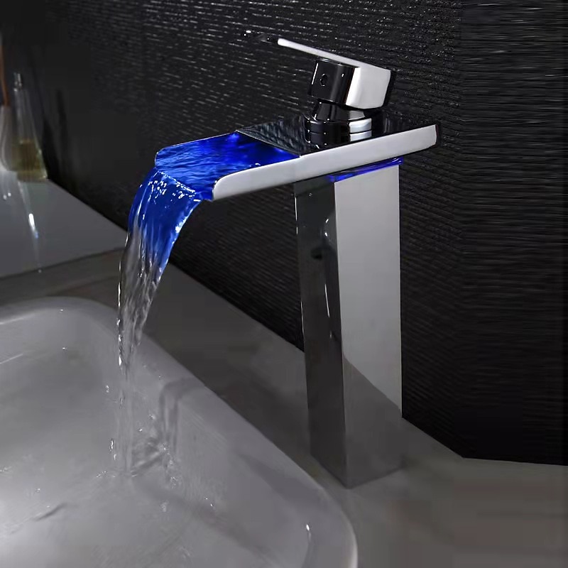 Bathroom Vessel Faucet Tall LED Waterfall Spout 3 Color Changes with Temperature, Sink Mixer Mono Basin Taps, Single Handle One Hole Brass Washroom Vessel Tap Deck Mounted 2025 - CAD $143.99 –P5