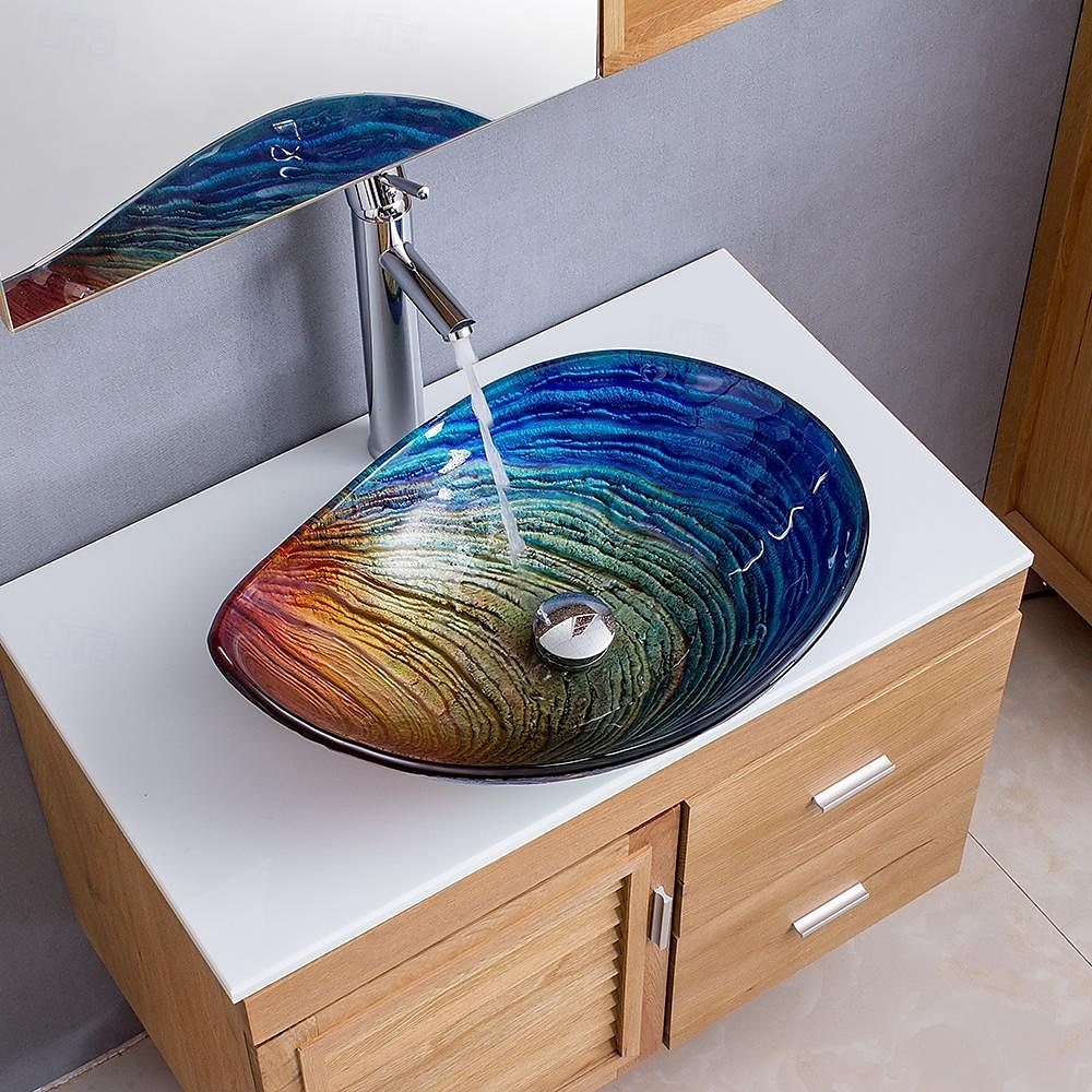 Modern simple clear light carving yuan treasure basin tempered glass wash basin with waterfall faucet basin support sink BWY19-193 2025 - CAD $446.99 –P5