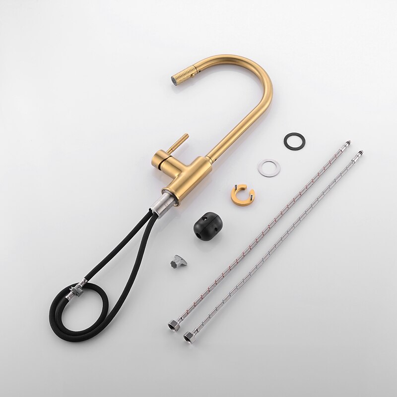 Kitchen Sink Mixer Faucet Pull Out Single Lever Handle Brushed Solid Brass Taps Cold Hot Hose One Hole with Pull Down Sprayer Black Gold Faucets 2025 - CAD $167.99 –P5