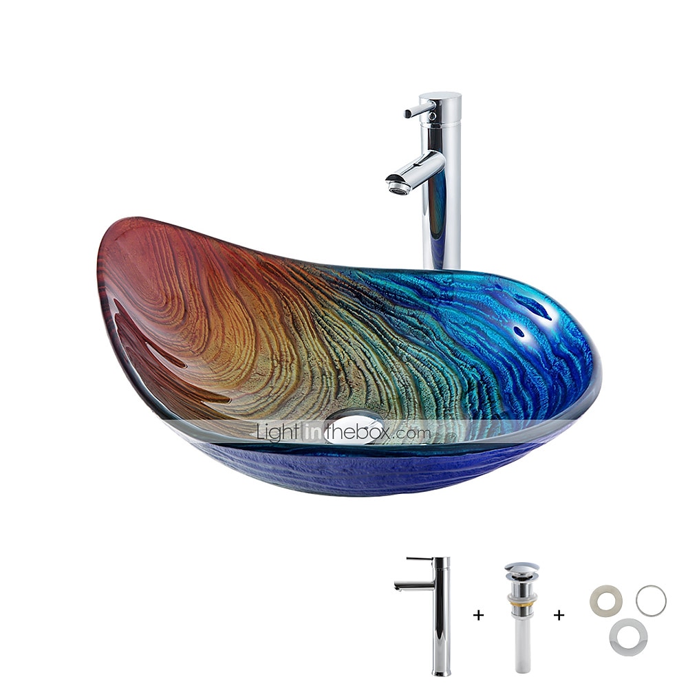 Bathroom Vessel Sink Rectangular 21"x15" Sink Mixer Faucet and Drain Combo with Pop-up Drain Boat Shape Color Tempered Glass Artistic Vanity Sink Bowl Above Counter Washroom Sink Art Wash Basin 2025 - CAD $366.99 –P4