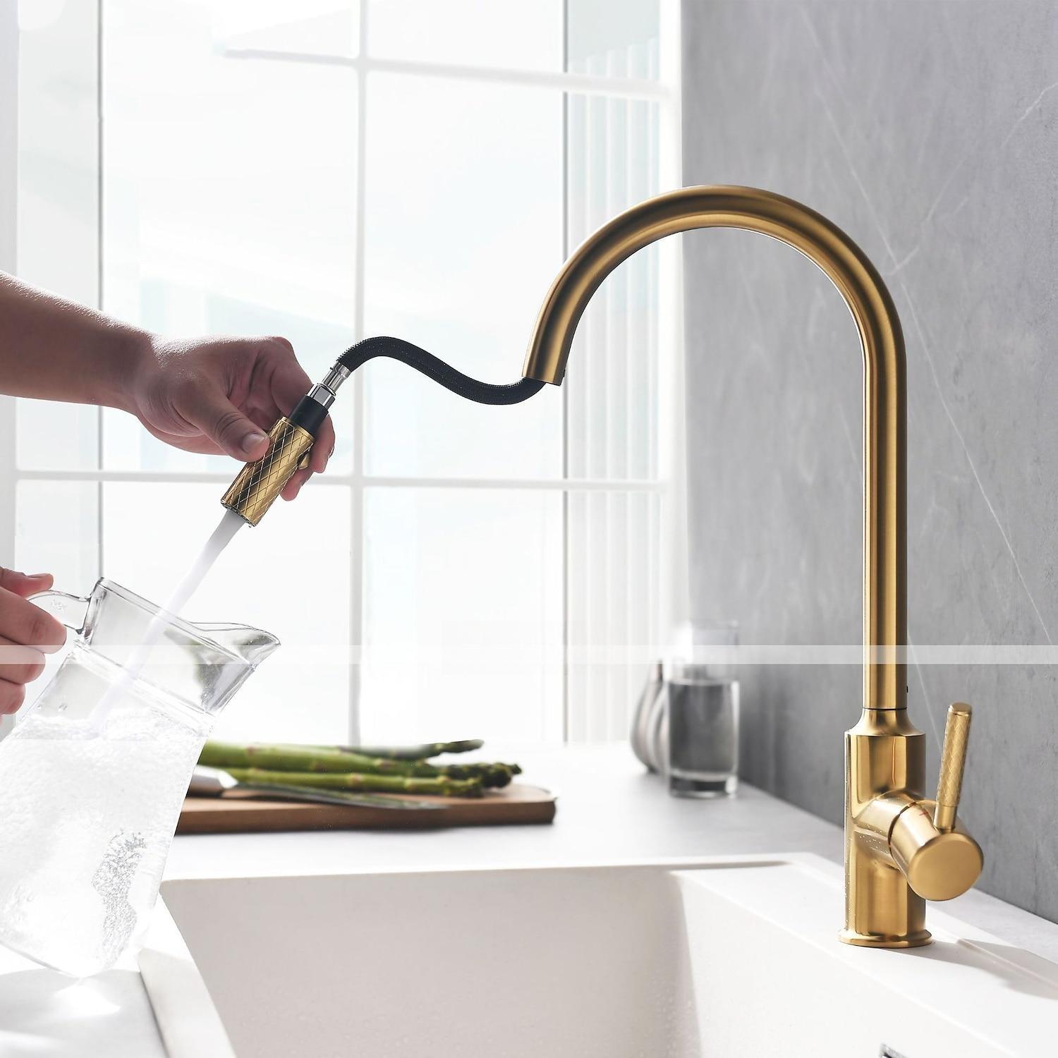 Kitchen Sink Mixer Faucet Pull Out 360 swivel Single Lever Handle Brushed Solid Brass Taps Cold Hot Hose One Hole with Pull Down Sprayer Black Gold Faucets 2025 - CAD $135.99 –P3