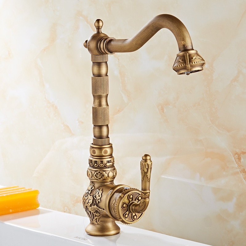 Traditional Kitchen Sink Mixer Faucet Antique Brass Single Handle Taps Standard Spout Deck Mounted Retro Vintage Style Kitchen Tap with Cold and Hot Hose 2025 - CAD $143.99 –P9