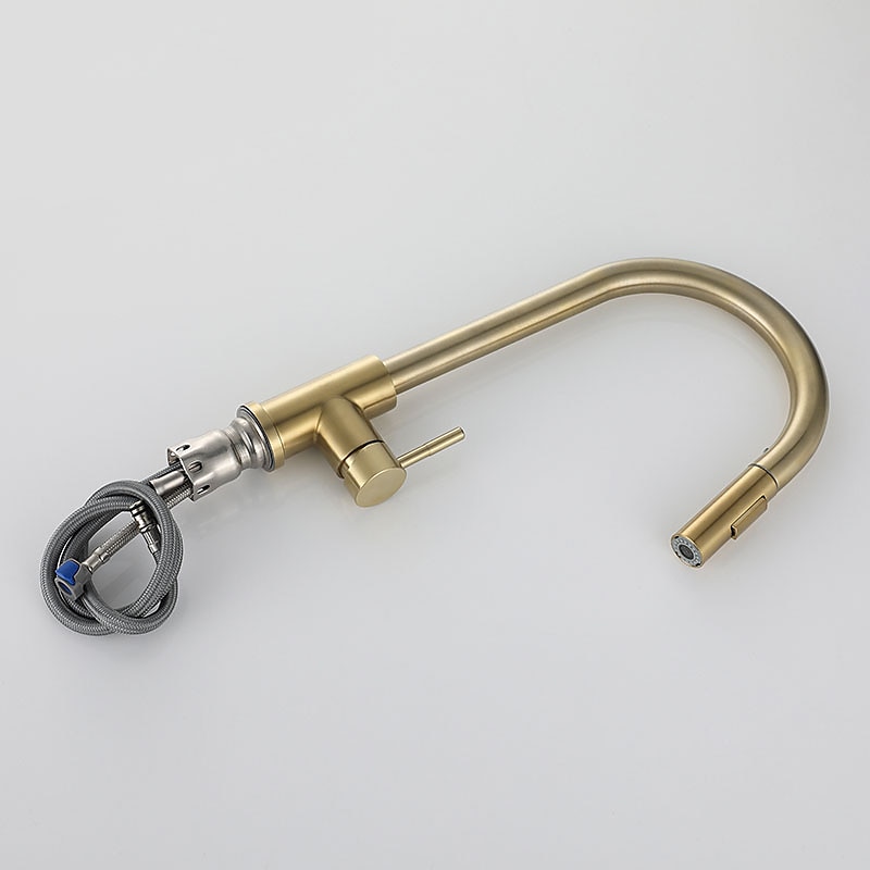 Kitchen Sink Mixer Faucet Stainless Steel with Pull Out Sprayer 360° Rotatable Multi-function Pull Down Single Handle Kitchen Vessel Tap Brushed Gold Finish 2025 - CAD $127.99 –P17