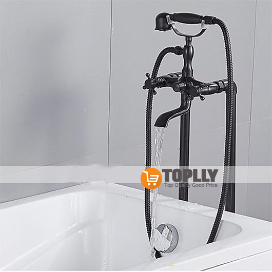 Bathtub Faucet Floor Mounted Brass Retro Style Telephone Shape Brass Electroplated Finish Two Handles Two Holes Shower Faucet with Handshower and Drain 2025 - CAD $446.99 –P7