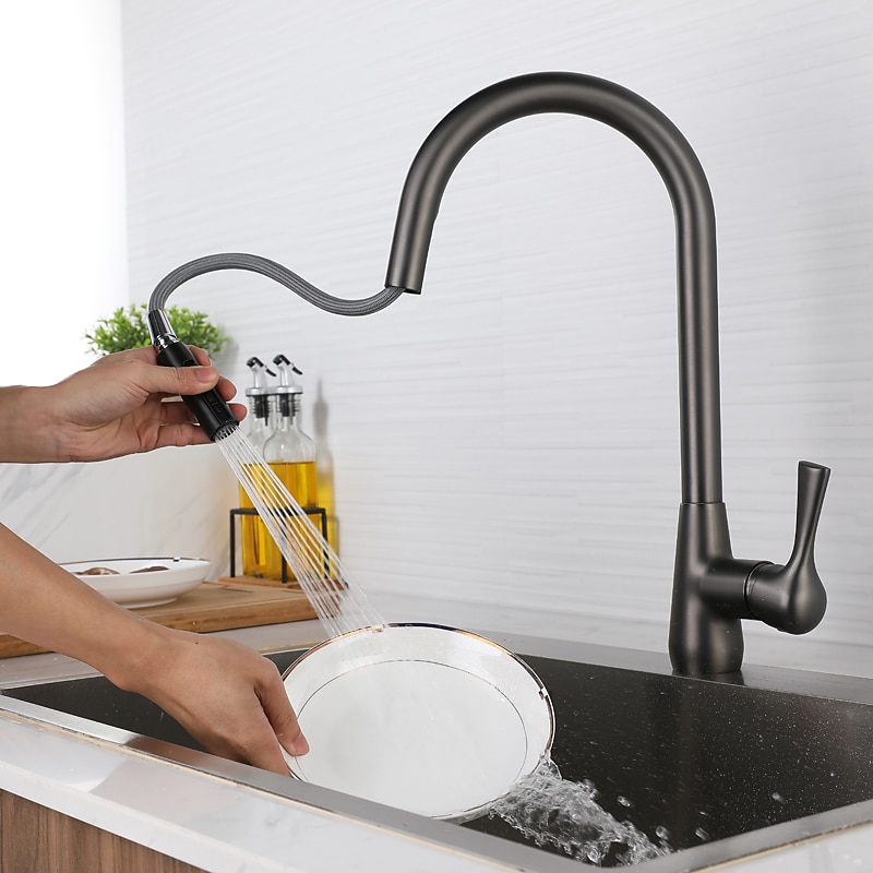 Kitchen Faucet with Pull-out Spray - Single Handle One Hole Electroplated / Painted Finishes Pull-out / Pull-down / Standard Spout / Tall / High Arc Centerset Modern Contemporary Kitchen Taps 2025 - CAD $131.18 –P4
